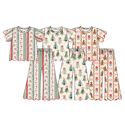 Girls Christmas Pajama Set – Ruffle Short Sleeve Top & Wide Leg Pants, Holiday Santa, Christmas Tree & Gingerbread Prints