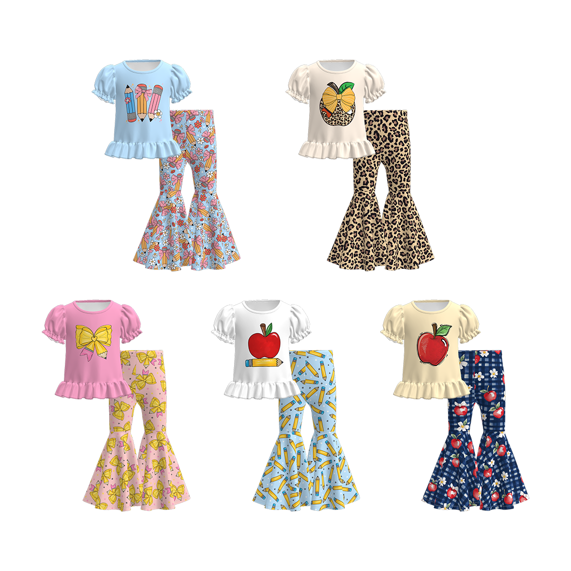 Girls Back To School Pencil Apple Print Bell Pant Set
