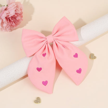 Valentine’s Day Pink Bow Streamer Hair Clip – Heart Embroidered Cotton Linen Ribbon Barrette