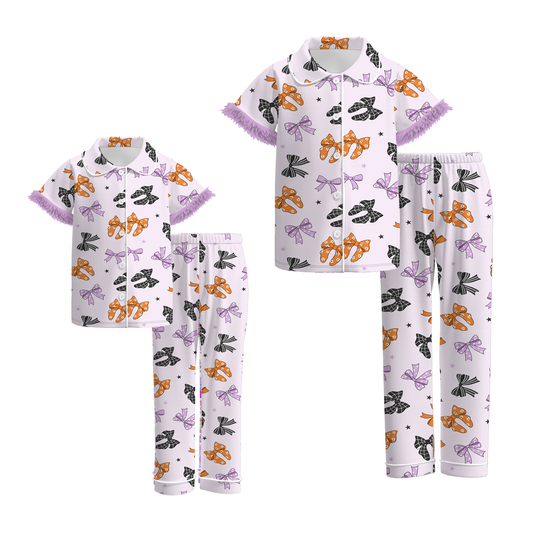 Mommy And Me Fall Halloween Purple Bow Cozy Fur Pajamas Set