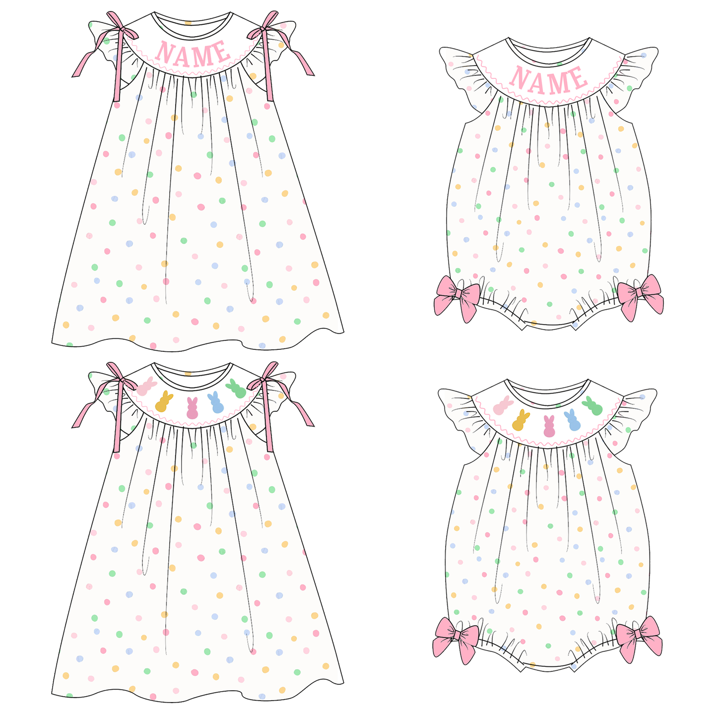 Easter Bunny Custom Name Smocked Embroidered Polka Dota Collection