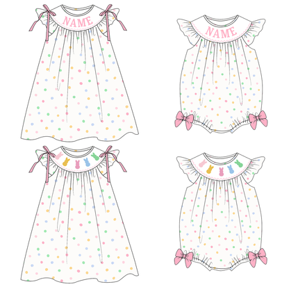 Easter Bunny Custom Name Smocked Embroidered Polka Dota Collection