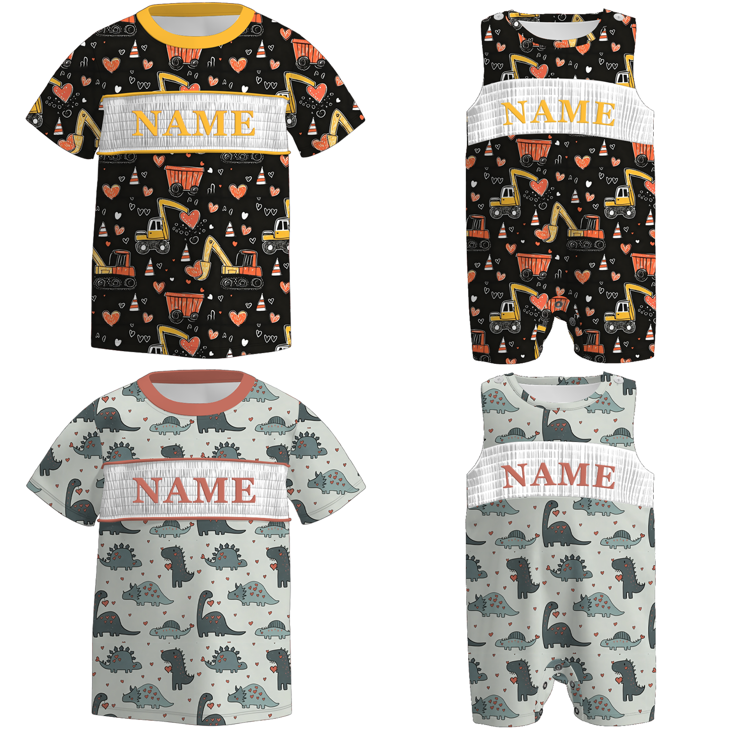Boys Spring Summer Dinosour Custom Name Smock Embroidery Top & Romper