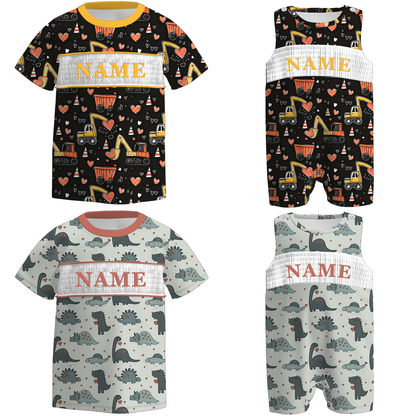 Boys Spring Summer Dinosour Custom Name Smock Embroidery Top & Romper