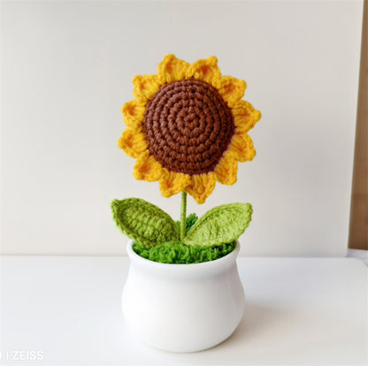 Handmade Knitted Flower Pot – Yarn Sunflower, Carnation & Tulip Desk Decor
