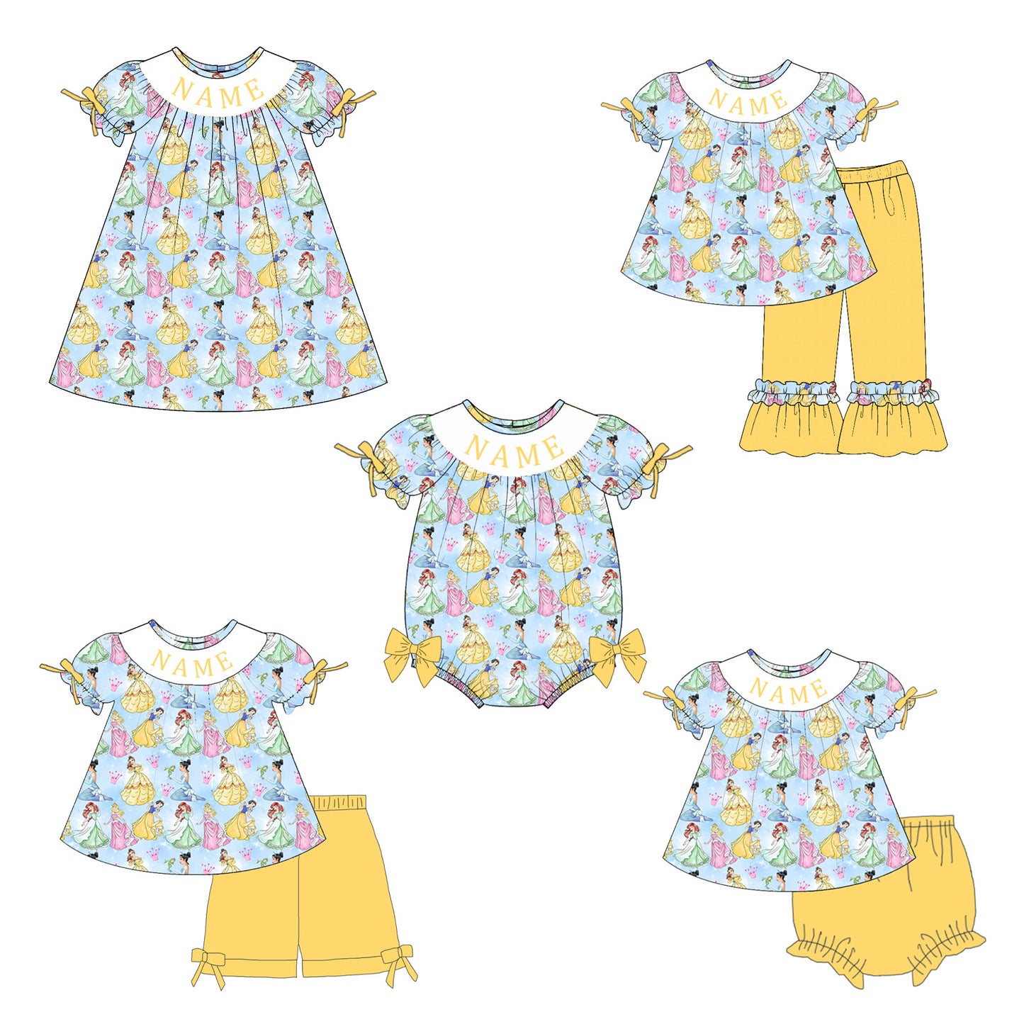 Personalized Girls Princess Smocked Outfit – Blue Cartoon Dress, Romper & Yellow 2-Piece Sets