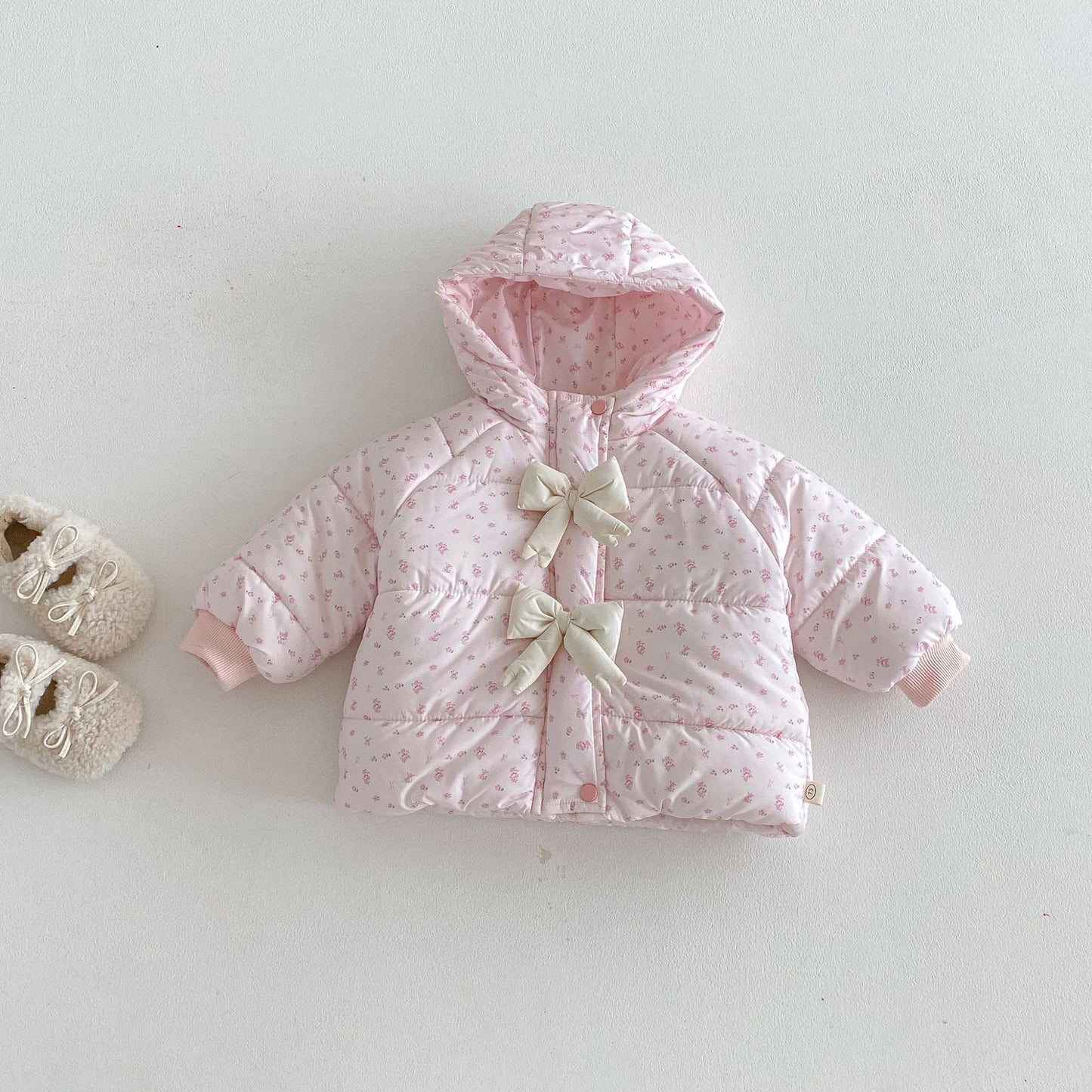 2025 Winter Girls’ Floral Cotton Coat Hooded Padded Jacket with Bow Decor