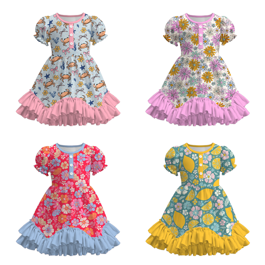 Girls Summer Crab Flower Lemon Print Ruffled Dress