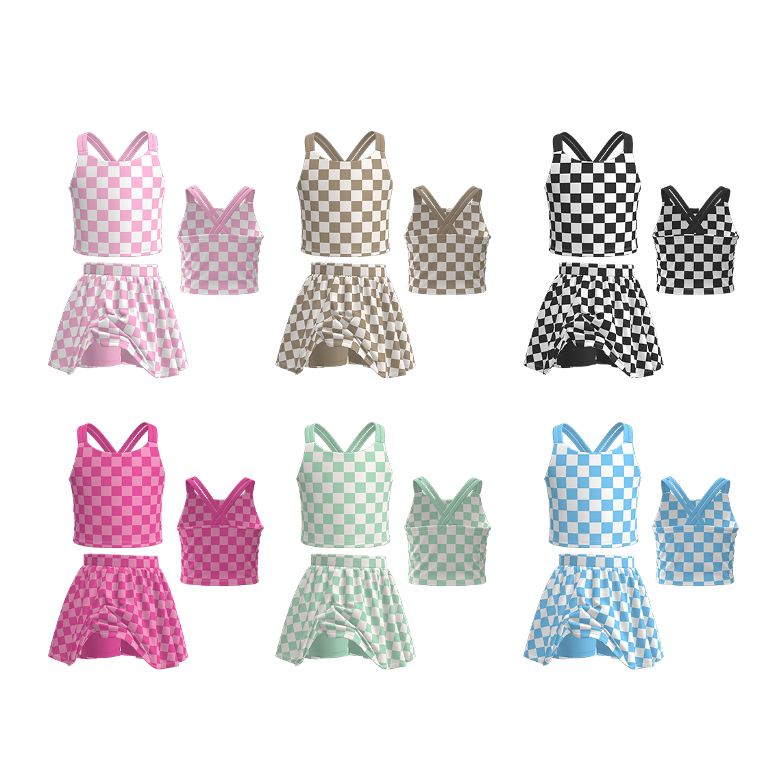 Girls Summer Muti-Colors Plaid Athletic Skirt Set