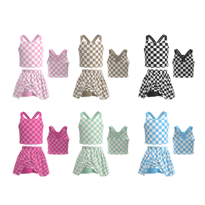 Girls Summer Muti-Colors Plaid Athletic Skirt Set