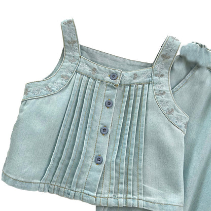 Girls' Denim Set Embroidered Sleeveless Top & Loose Jeans