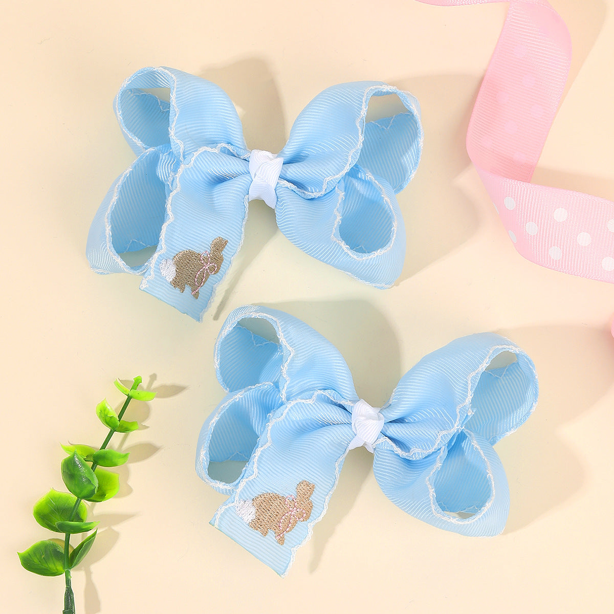 Kids Easter Bunny Embroidered Bow Hair Clip with Overlock Edges, Grosgrain Ribbon Hair Accessory