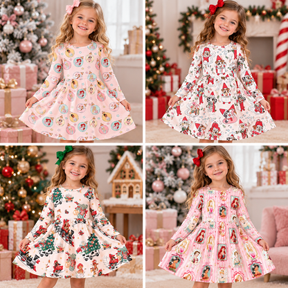 Girls Christmas Long Sleeve Twirl Dress – Festive Holiday Character Print Boutique Dress
