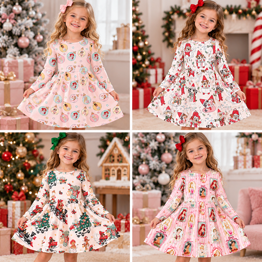 Girls Christmas Long Sleeve Twirl Dress – Festive Holiday Character Print Boutique Dress