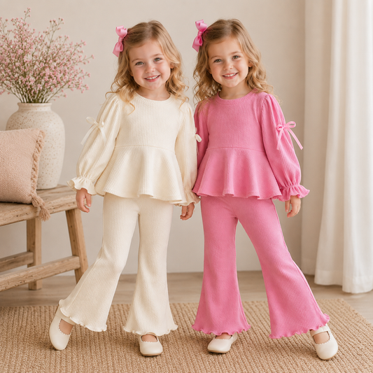 Girls Cotton Bow Ruffle Peplum Top & Flare Pants Set – Fall Boutique Outfit