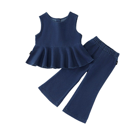 Girls' Denim 2 Pcs Set Sleeveless Top & Flare Leg Pants