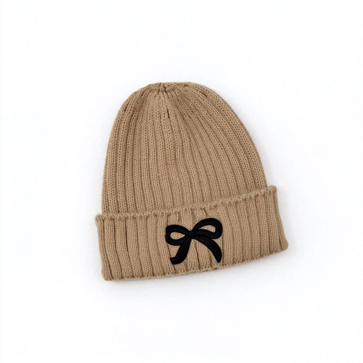 Girls Bow Embroidered Knit Beanie – Ribbed Cuffed Winter Hat, Ages 3–10