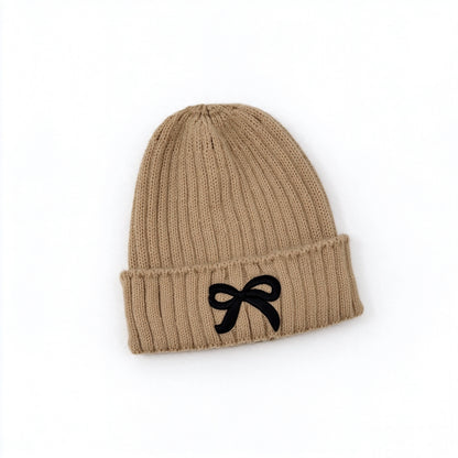 Girls Bow Embroidered Knit Beanie – Ribbed Cuffed Winter Hat, Ages 3–10