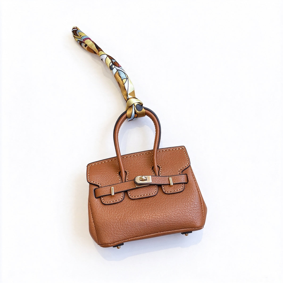 Mini Top Handle Lock Bag Handbag Charm with Scarf – Faux Leather Coin Purse