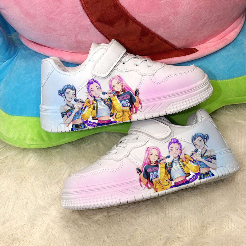 K-Pop Demon Hunter Girl Print Kids Velcro Sneakers Casual White Shoes