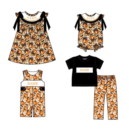 Personalized Halloween Sibling Matching Outfits – Smocked Pumpkin Dress, Romper & Boys Pant Set