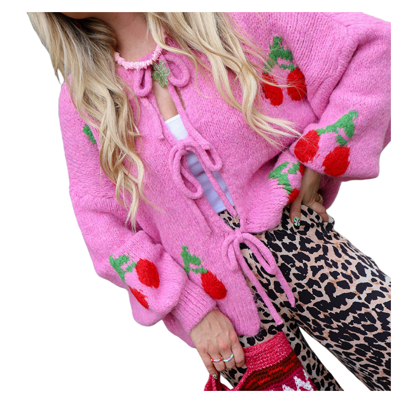 2026 Spring Cherry Embroidered Jacquard Knit Cardigan with Tie Front for Women