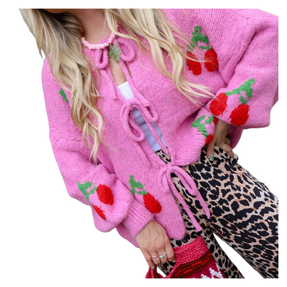 2026 Spring Cherry Embroidered Jacquard Knit Cardigan with Tie Front for Women