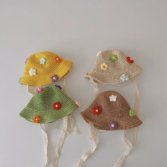 Floral Kids Lace Tie Sun Hat Summer Beach Fisherman Cap