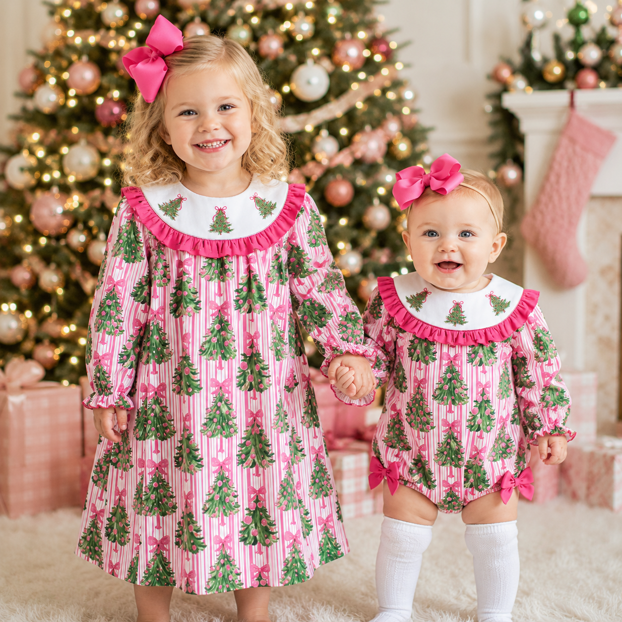 Christmas Tree Smocked Embroidery Sister Matching Outfits – Girls Holiday Dress & Baby Bubble Romper