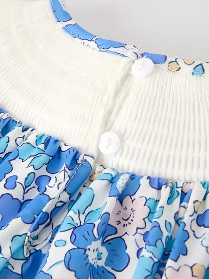 Girls Spring Blue Floral Smock Embroidery Custom Name Dress