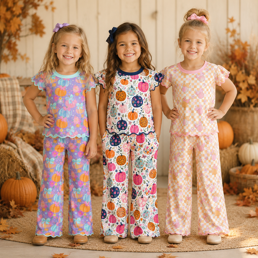 Girls Fall Pumpkin Two-Piece Outfit – Short Sleeve Scalloped Top & Flare Pants Set