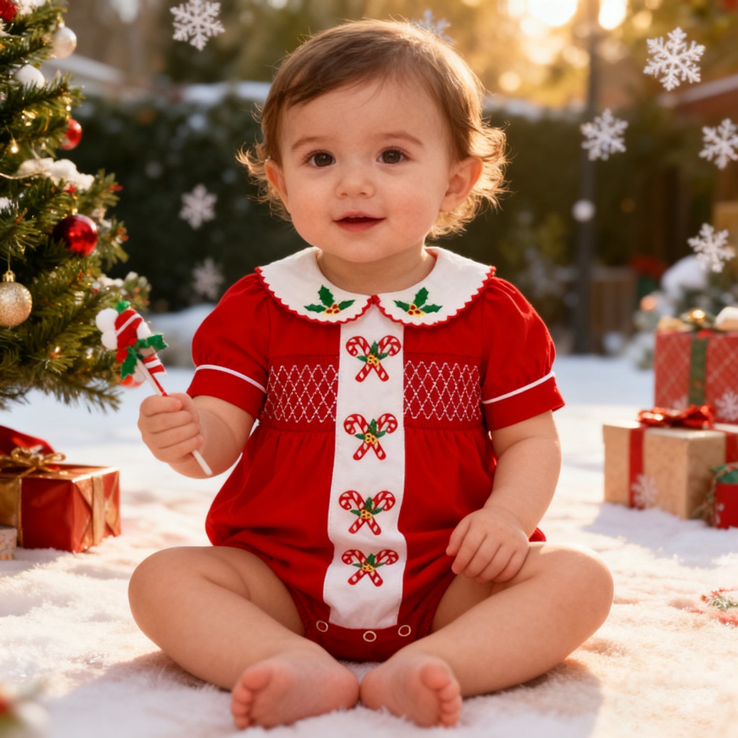 Baby Girls Christmas Cnady Cane Embroidery Red Romper