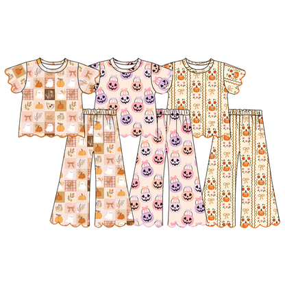 Girls Halloween Boutique Outfit | Pumpkin & Ghost Print Flutter Sleeve Top and Wide Leg Pants Set | Fall Kids Clothing