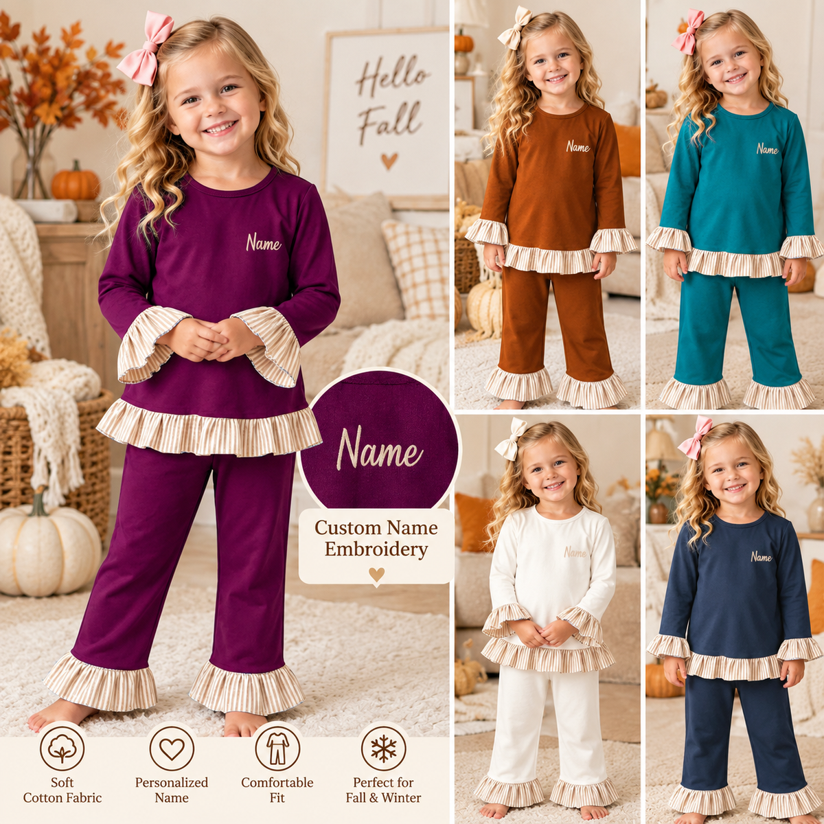 Personalized Girls Fall Winter Ruffle Pants Set – Custom Name Embroidery Long Sleeve Outfit