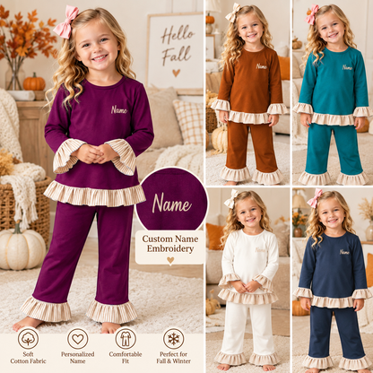 Personalized Girls Fall Winter Ruffle Pants Set – Custom Name Embroidery Long Sleeve Outfit