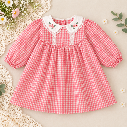 Girls Red Gingham Embroidered Dress & Baby Romper – Spring Cotton Sister Matching Outfit