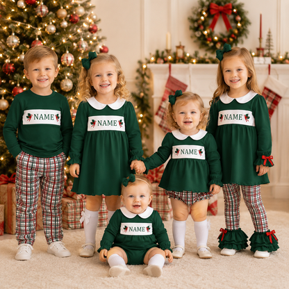 Personalized Christmas Smocked Embroidery Family Matching Outfits – Custom Name Holiday Clothing for Girls, Boys & Baby