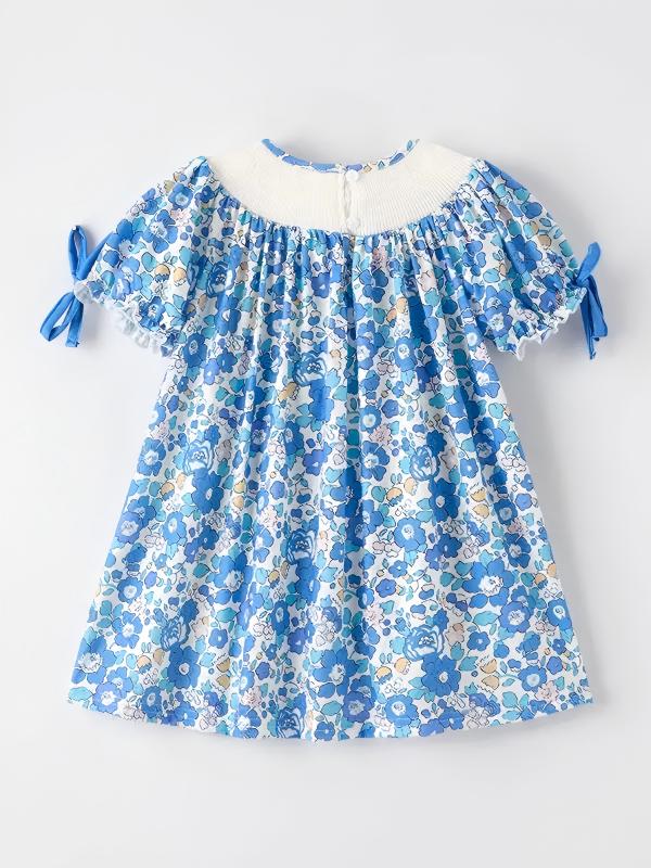 Girls Spring Blue Floral Smock Embroidery Custom Name Dress