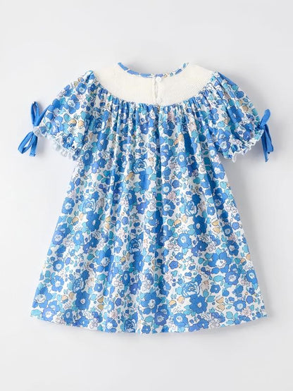 Girls Spring Blue Floral Smock Embroidery Custom Name Dress