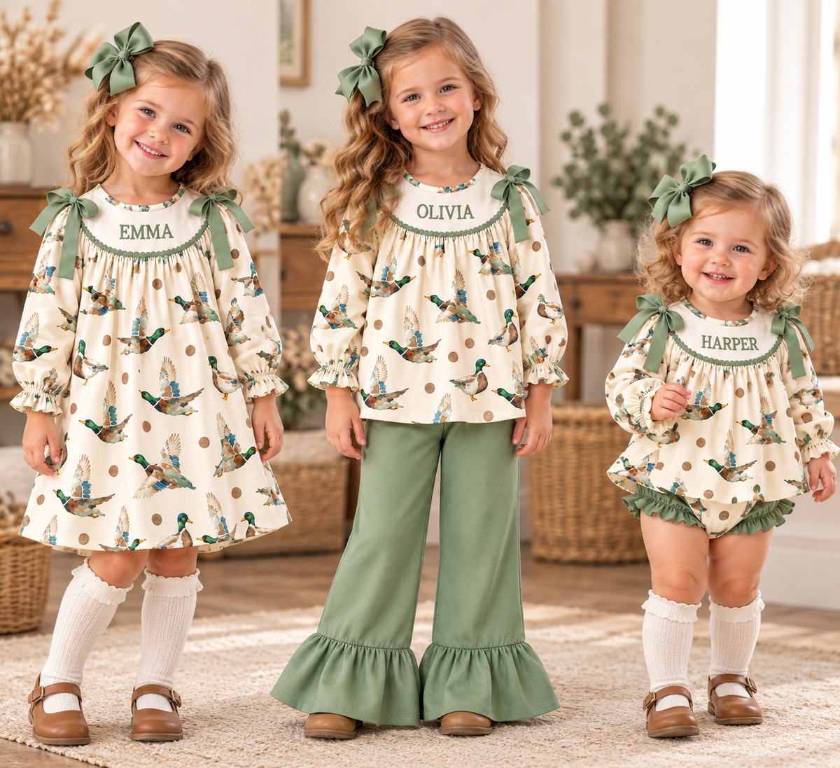 Personalized Girls Mallard Duck Print Outfits – Custom Name Embroidery Dress, Ruffle Bell Bottom Pants Set & Baby Bloomer Set