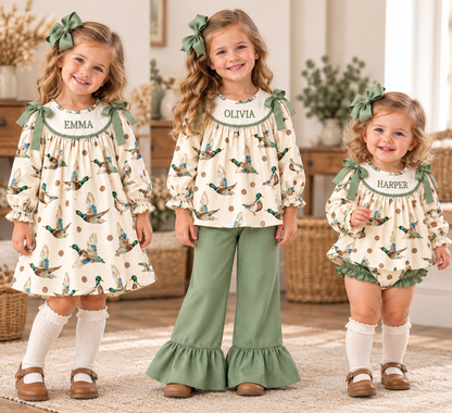 Personalized Girls Mallard Duck Print Outfits – Custom Name Embroidery Dress, Ruffle Bell Bottom Pants Set & Baby Bloomer Set