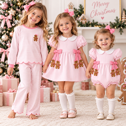 Pink Gingerbread Christmas Girls Matching Dress, Romper & Ruffle Pant Set