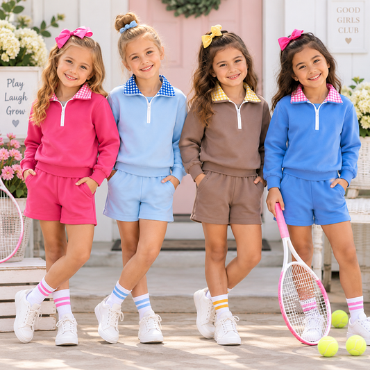 Girls Gingham Collar Quarter-Zip Sweatshirt & Shorts Set – Preppy Colorblock Two-Piece Outfit
