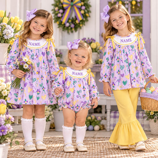 Personalized Girls Mardi Gras Smocked Outfits – Custom Name Embroidered Purple Dress, Baby Bubble Romper & Yellow Ruffle Pants Set