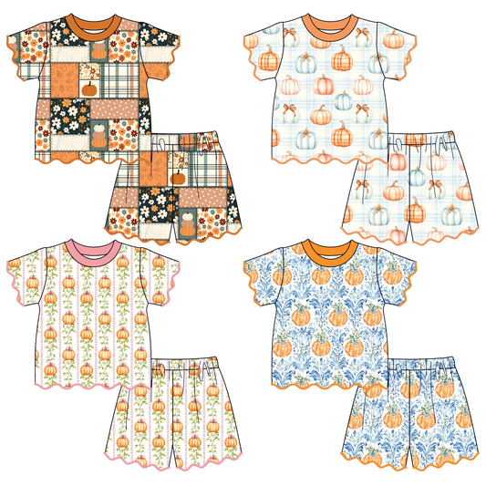Girls Halloween Pumpkin Scalloped Trim Short Set | Boutique Fall Outfit