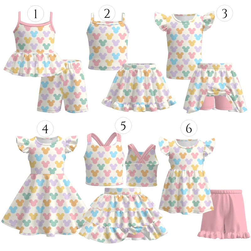 Girls Summer Outfit Set – Cute Colorful Cartoon Print Dress, Tank Top, Skirt & Shorts Matching Set