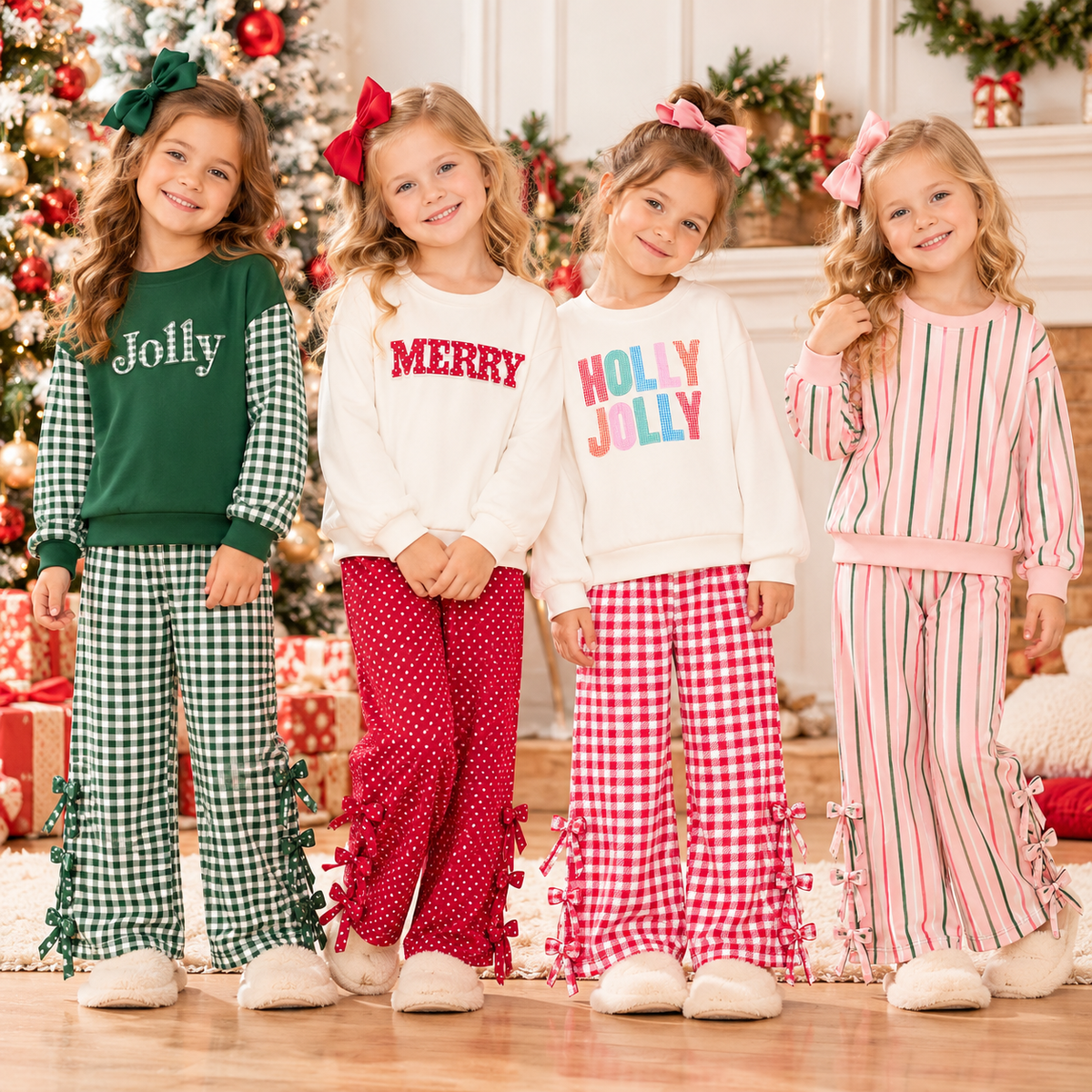 Girls Christmas Jolly Merry Printed Sweatshirt & Bow Wide Leg Pants Set – Holiday Plaid Long Sleeve Two-Piece Outfit