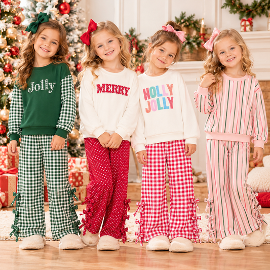 Girls Christmas Jolly Merry Printed Sweatshirt & Bow Wide Leg Pants Set – Holiday Plaid Long Sleeve Two-Piece Outfit