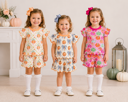 Girls Halloween Pumpkin Print Boutique Outfit | Scalloped Ruffle Sleeve Top & Shorts Set | Fall Toddler Clothing