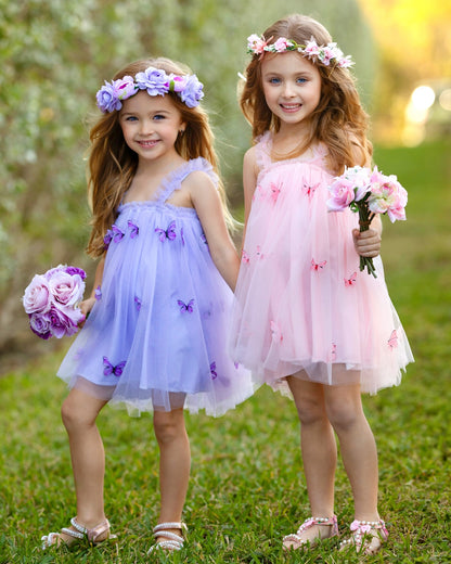 Girls Summer Party Lavender Butterfly Tulle Dress